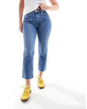 Topshop Hourglass mid rise straight cropped jean with raw hems in mid blue