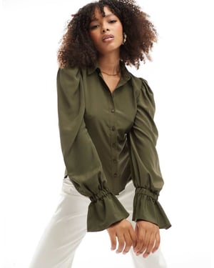 ASOS DESIGN volume sleeved soft shirt with ruffle cuffs in khaki