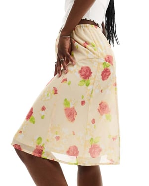 Daisy Street vintage rose print awkward length skirt in multi