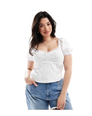 ASOS DESIGN Curve puff sleeve broderie milkmaid top in white