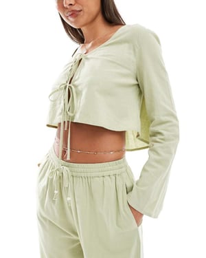 ASOS DESIGN Kayla mix and match long sleeve tie front beach top in khaki