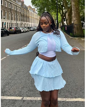 Labelrail x Sumbo Owoyele ribbon detail ruffle pointelle mini skirt co-ord in light blue