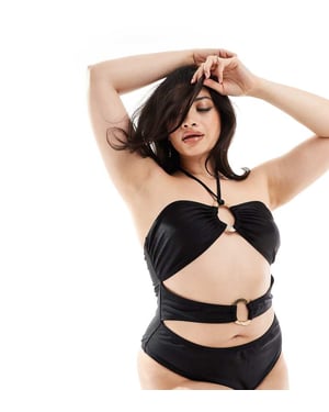 South Beach Curve gold buckle cut out front halter swimsuit in black