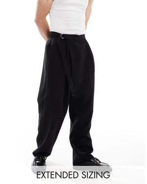 ASOS DESIGN smart wide leg trousers with crossover side belt in black