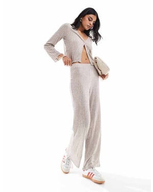 Pieces ribbed jersey wide leg trouser co-ord in beige melange