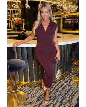 Plum Sparkle Wrap Top Ruched Skirt Midi Dress