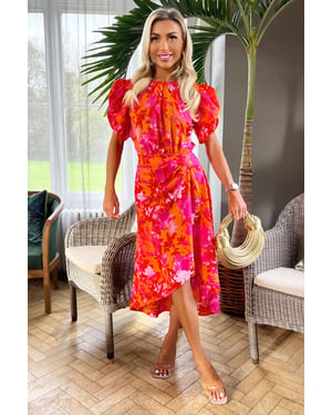 Pink And Orange Floral Printed Short Puff Sleeve Gathered Side Midi Dress