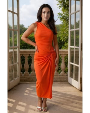 Burnt Orange One Shoulder Knot Skirt Midi Dress