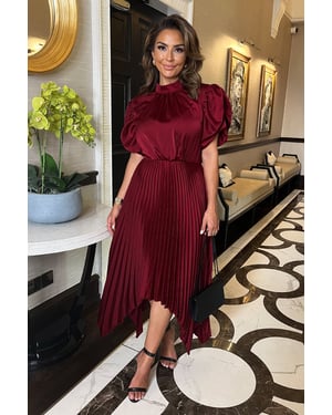 Wine High Neck Puff Sleeve Zig Zag Hem Pleated Midi Dress