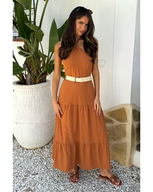 Rust Halterneck Straw Belt Tiered Midi Dress