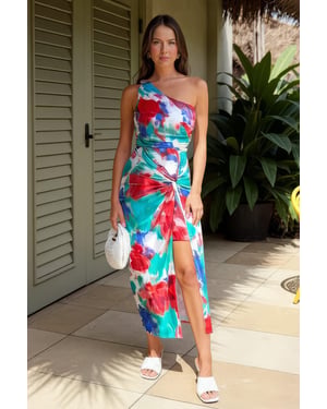 Multi Tie Dye Printed One Shoulder Knot Skirt Midi Dress