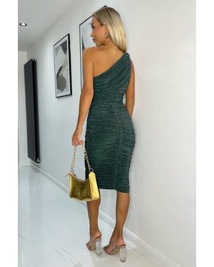 Teal Sparkly One Shoulder Ruched Midi Dress