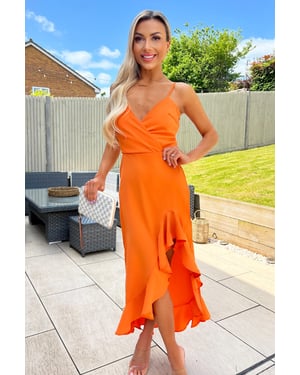 Burnt Orange Frill High Low Midi Dress