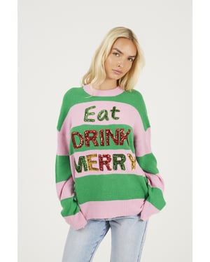 Green Sequin Slogan Christmas Jumper
