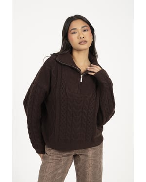 Brown Quarter Zip Cable Knit Jumper
