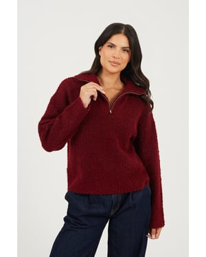 Wine Boucle Yarn Jumper With Zip Neck