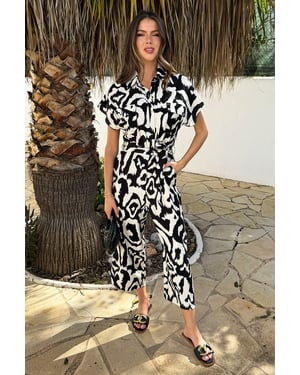 Black And Cream Abstract Print Button Front Collared Tie Waist Jumpsuit