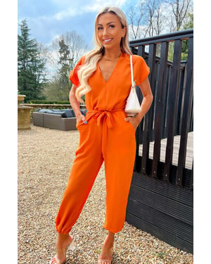 Burnt Orange V Neck Short Sleeve Belted Elasticated Cuff Jumpsuit