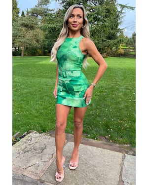 Green Tie Dye Round Neck Belted Skort Cargo Playsuit