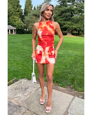 Orange Tie Dye Round Neck Belted Skort Cargo Playsuit