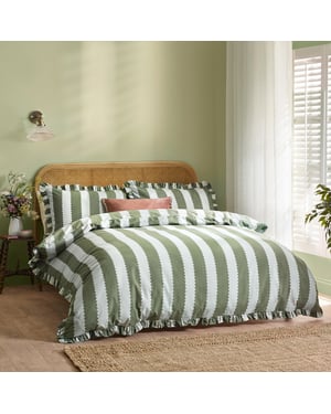Wylder Birdie Stripe Ruffle Duvet Set, Bay Green/Mist, King