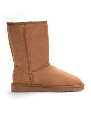 Damstövlar i äkta fårskinn i kastanjig mocka med slip-on-detaljer – Dusk