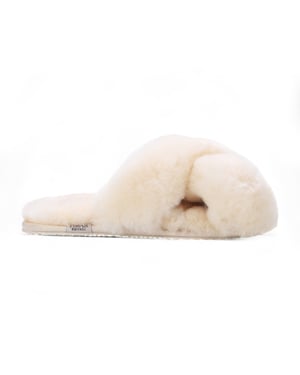 Women's Sheepskin Slippers Beige Warm Winter Fur Crossover - Snowbelle