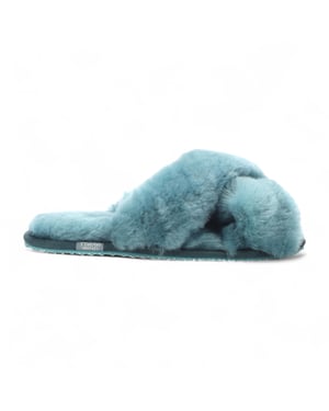 Women's Sheepskin Slippers Teal Warm Winter Fur Crossover - Snowbelle