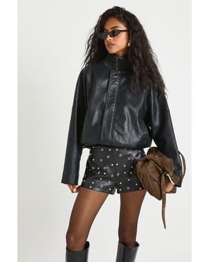 Funnel Neck Faux Leather Bomber Jacket