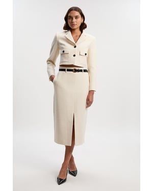 Textured Tweed Belted Tailored Pencil Skirt