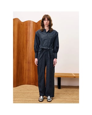 FRNCH Vigan jumpsuit gestreept schouderdetails en strikceintuur