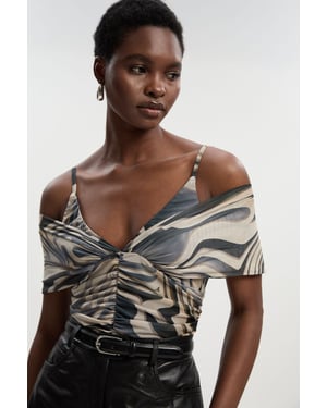 Marble Print Mesh Plunge Strappy Detail Bodysuit