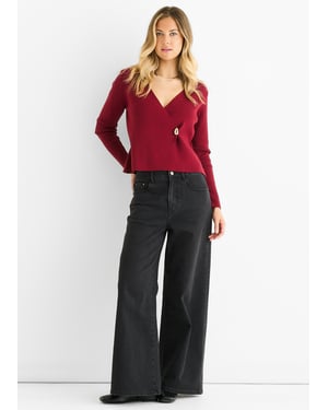 Burgundy Button Wrap kompakt stickad kofta