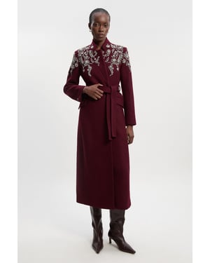 Wool Crystal Embellished Notch Neck Belted Maxi Coat