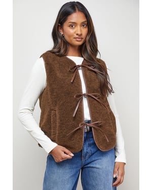 Faux Fur Gilet With Pu Binding