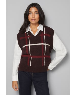 Burgundy 2 In 1 Check Knitted Tank And Shirt