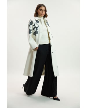 Brushed Wool Placed Embroidery Tailored Midi Coat