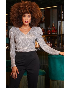 Silver Luxe Sequin Gathered Sleeve Top