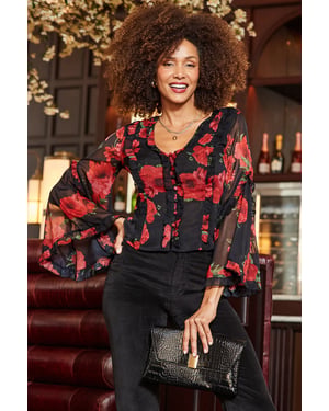 Black & Red Rose Print Flared Sleeve Blouse