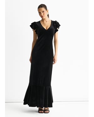 Black V Neck Ruffle Sleeves Velvet Occasion Maxi Dress