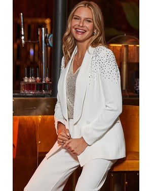 Petite Winter White Premium Glittering Jewel Embellished Blazer