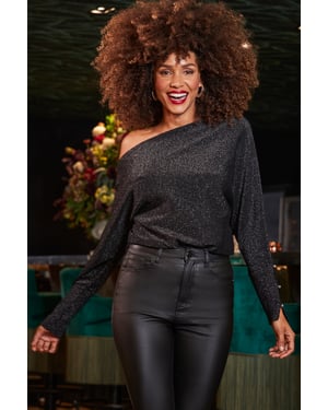 Black Metallic Asymmetric Neck Pearl Cuff Jumper