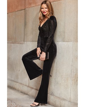 Black Two Part Luxe Velvet Kick Flare Jumpsuit