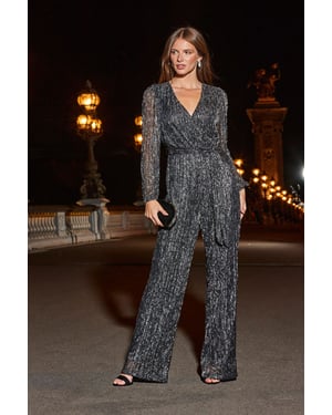Silver Sparkle Plisse Wrap Front Wide Leg Jumpsuit
