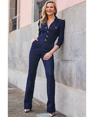Dark Indigo Puff Sleeve Kick Flare Denim Jumpsuit