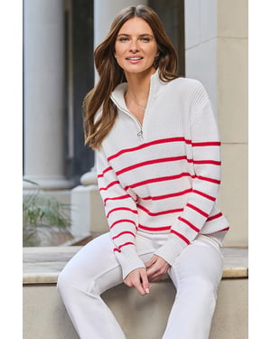 Ivory & Red Stripe Quarter Zip Jumper