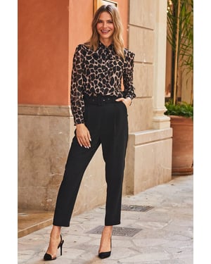 Black High Waist Belted Tapered Trousers