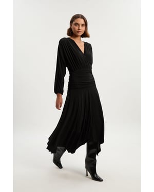 Stretch Drapey Crepe Ruched Plunge Neck Batwing Sleeve Maxi Dress