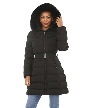 Jess Women’s Mid-Length Coat with Faux Fur Hood & Zip Pockets