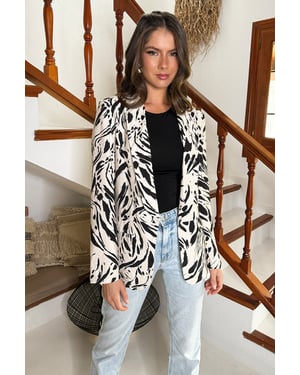 Cream And Black Brush Stroke Print Shawl Collar Open Front Blazer